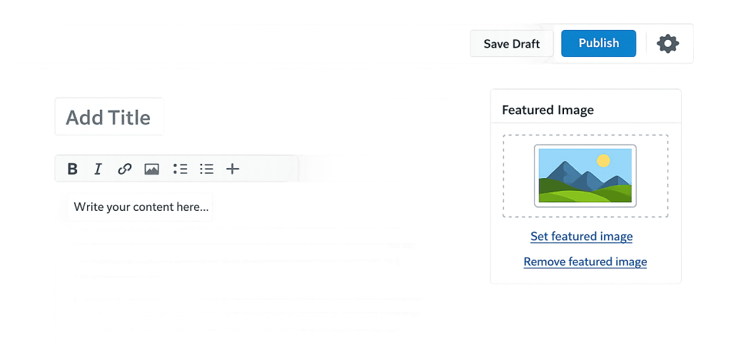 Screenshot of a WordPress post editor showing fields to add a title, format text, and set a featured image. The featured image section displays a sample landscape illustration, with buttons below to save draft or publish the post.