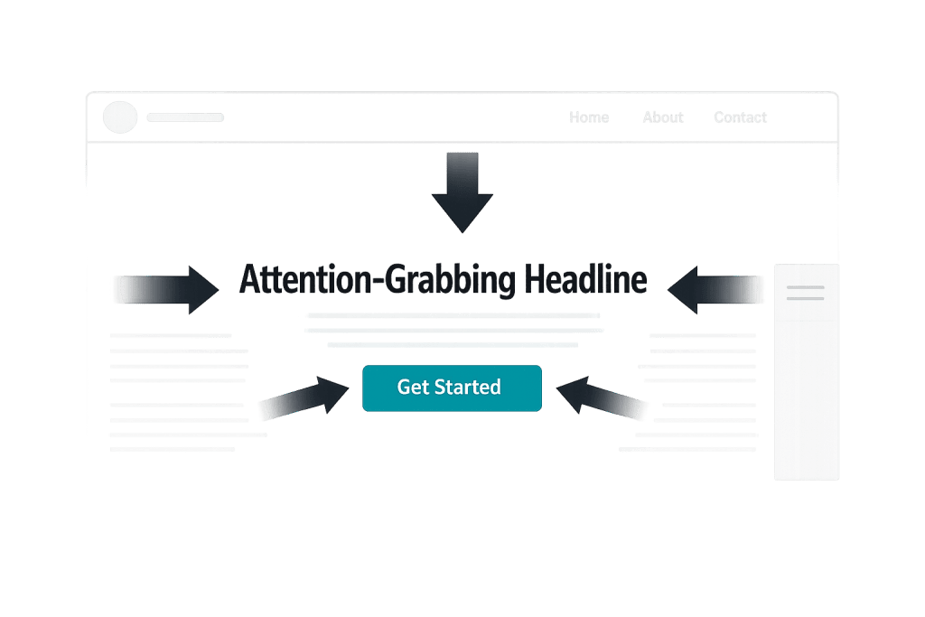 A web page mockup with bold arrows pointing to the text Attention-Grabbing Headline and a teal Get Started button, emphasizing key elements of effective website design.