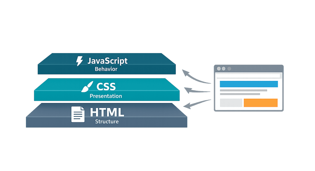 Diagram showing three stacked layers labeled HTML (Structure), CSS (Presentation), and JavaScript (Behavior), with arrows pointing to a web browser window, illustrating how they build a website together in Frontend Development.