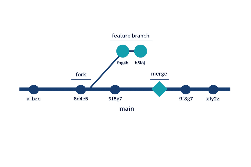 A simple diagram shows a Git workflow: a main branch with several commits, a feature branch branching off with two commits, and then merging back into main. Labels include fork, feature branch, and merge.