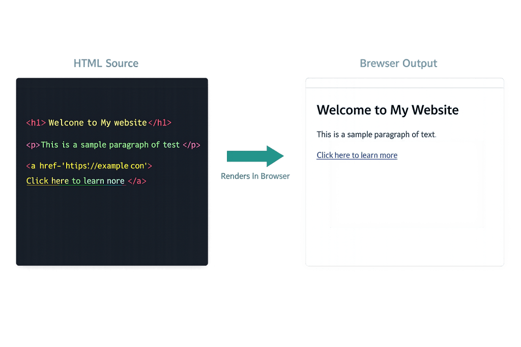 A side-by-side comparison shows HTML code (Hypertext Markup Language) on the left and its browser output on the right, featuring a heading, a paragraph, and a clickable link visually rendered in the right panel.