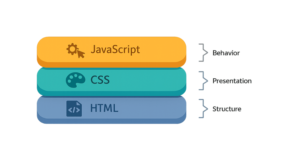 Three stacked blocks labeled HTML (Structure), CSS (Presentation), and JavaScript (Behavior) with icons, illustrating the roles of each in web development.