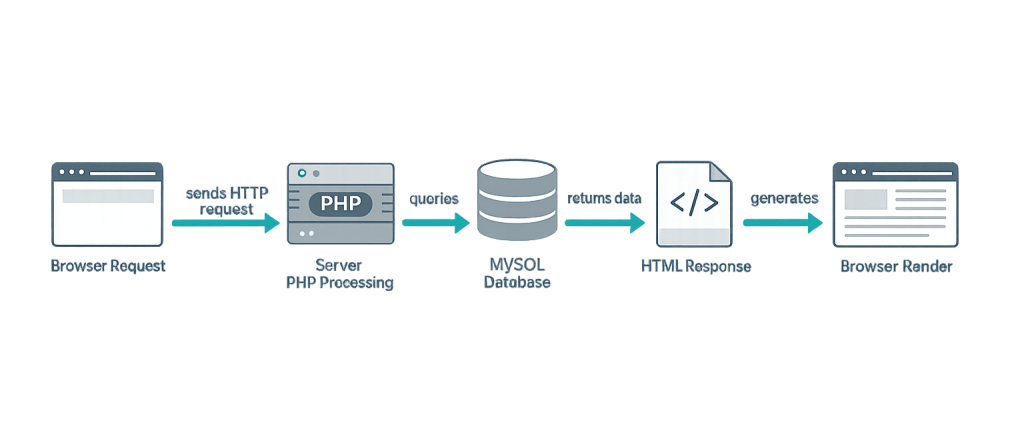 A flowchart shows a browser request sent to a PHP server, which queries a MySQL database. The database returns data to the server, generating an HTML response, which is rendered by the browser.