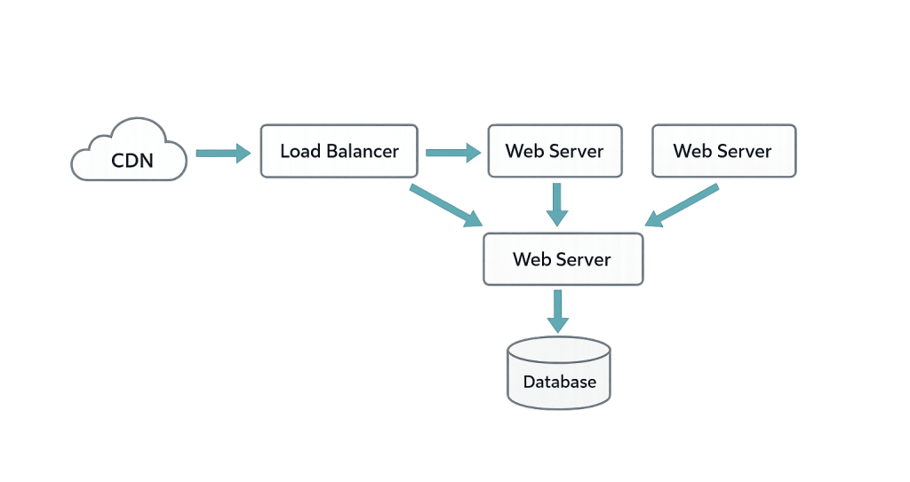 A flowchart showing a CDN connecting to a load balancer, which distributes traffic to three web servers, and one web server connects to a database. Blue arrows indicate the flow of data between components.