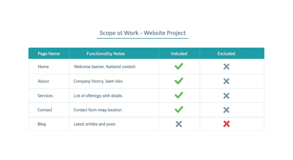 A table titled Scope of Work - Website Project lists pages with notes, indicating with check or cross marks if each page is included or excluded: Home, About, Services, and Contact are included; Blog is excluded.