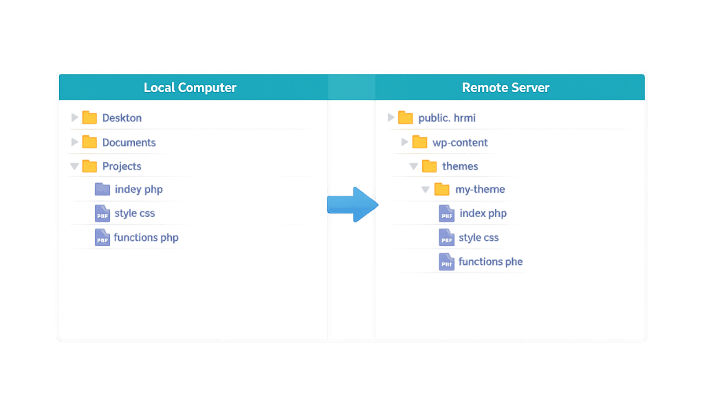 A diagram shows folders and files being transferred via SFTP (Secure File Transfer Protocol) from a Local Computer to a Remote Server, with an arrow in between. Both sides display similar folder structures for a WordPress theme.