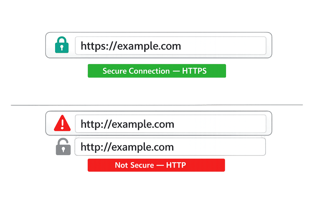 Two address bars: the top shows a green padlock, https://example.com, Secure Connection — HTTPS with a valid SSL Certificate. The bottom displays a red warning icon, http://example.com, gray padlock, and Not Secure — HTTP in red.