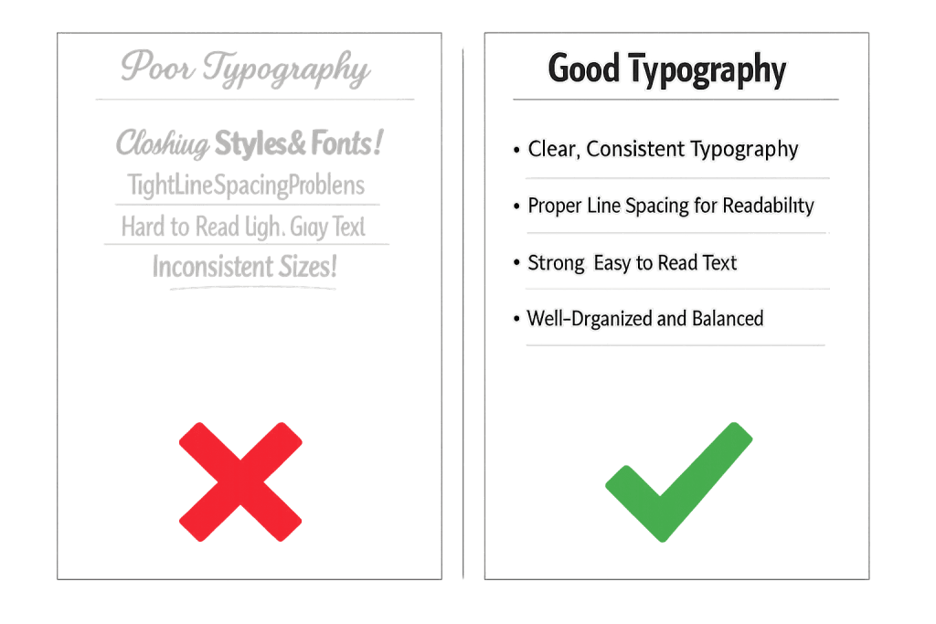 A comparison: the left side shows poor typography with gray, cluttered, hard-to-read text and a red X. The right side lists good typography traits in clear text with a green checkmark.