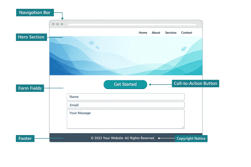 A labeled website wireframe illustrating the navigation bar, hero section, form fields, call-to-action button, and footer. UI elements are highlighted with text annotations and arrows to clarify each User Interface section’s purpose.