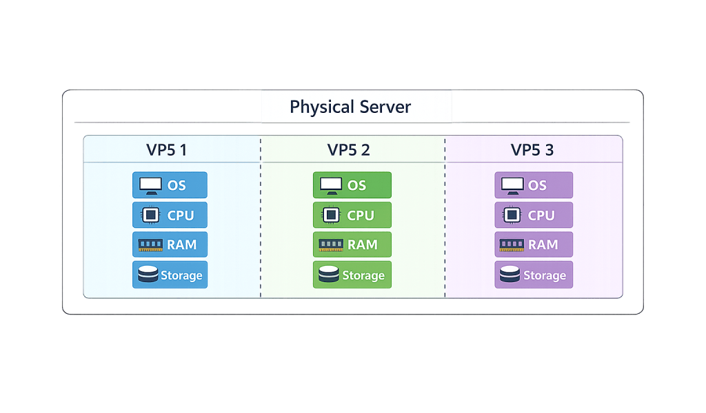 Diagram showing a physical server split into three Virtual Private Servers (VPS 1, VPS 2, VPS 3), each with its own OS, CPU, RAM, and storage—highlighting the isolation and resource allocation of VPS Hosting with color-coded icons.