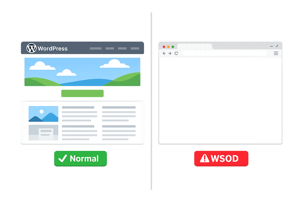 Split screen illustration: left shows a normal WordPress webpage with text and images, labeled Normal with a green checkmark; right displays the dreaded White Screen of Death (WSOD) WordPress error with a blank page and red warning symbol.