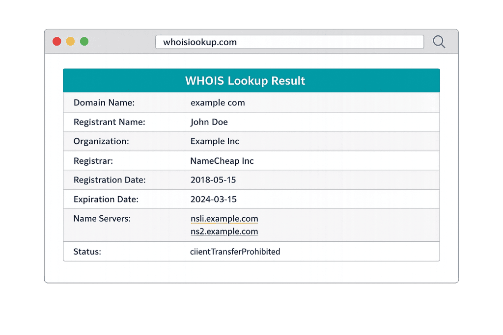 A browser window displays a WHOIS Lookup Result for the domain example.com, showing registrant name, organization, registrar, registration and expiration dates, name servers, and status.