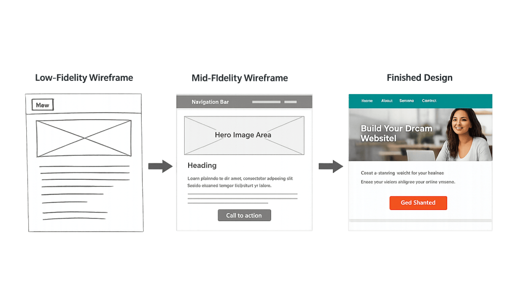 Three stages of a website design shown left to right: a simple hand-drawn wireframe, a grayscale digital wireframe, and a finished colorful webpage with a photo, navigation bar, text, and a red Get Started button.