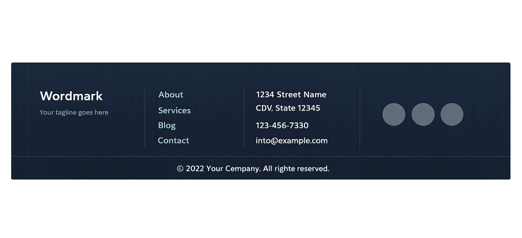 Footer design with a dark blue background, company wordmark and tagline on the left, navigation links in the center, contact info on the right, and three circular icons. Copyright notice at the bottom.