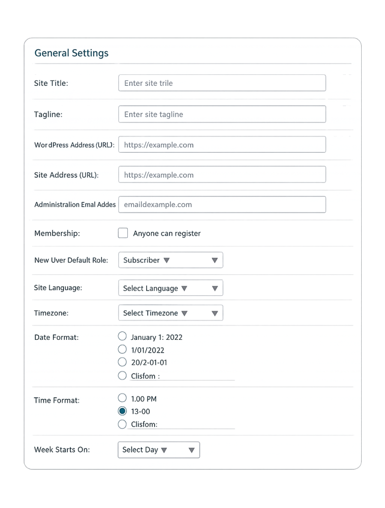 Screenshot of a website General Settings form, featuring fields for site title, tagline, address, admin email, membership options, user role, site language, timezone, date and time format, and week start day.