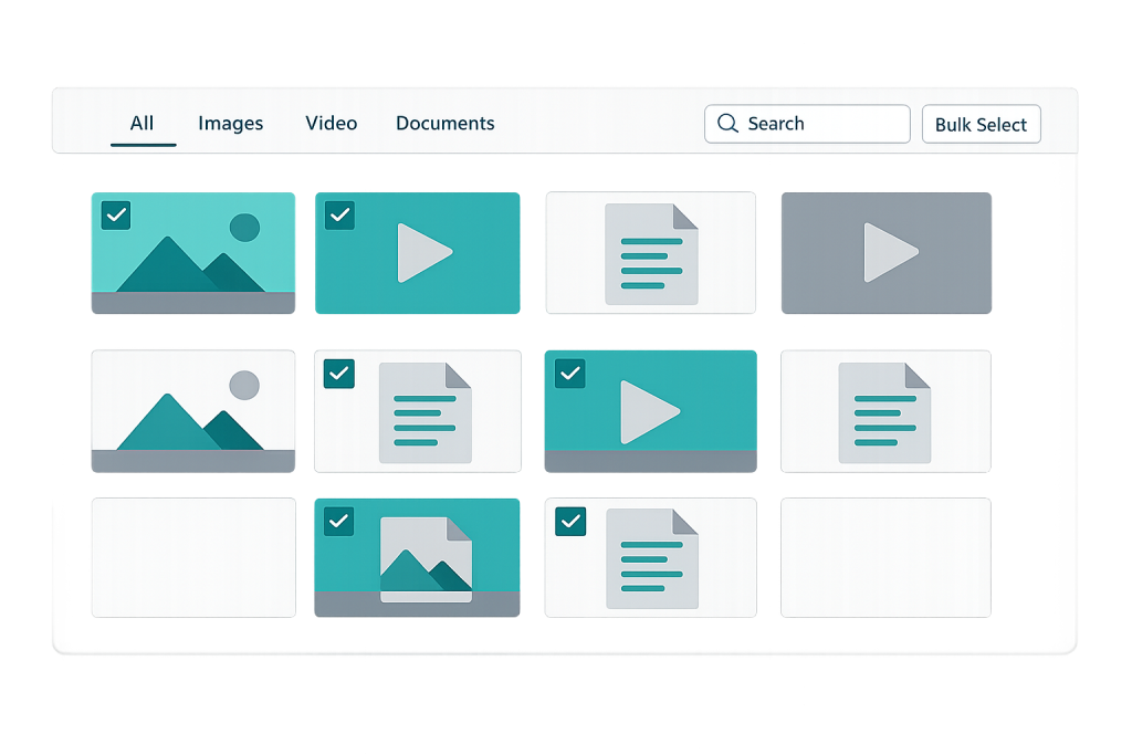 A digital Media Library interface displays files as thumbnails, including images, videos, and documents. Some items are checked for selection. Tabs, a search bar, and a Bulk Select button appear at the top.