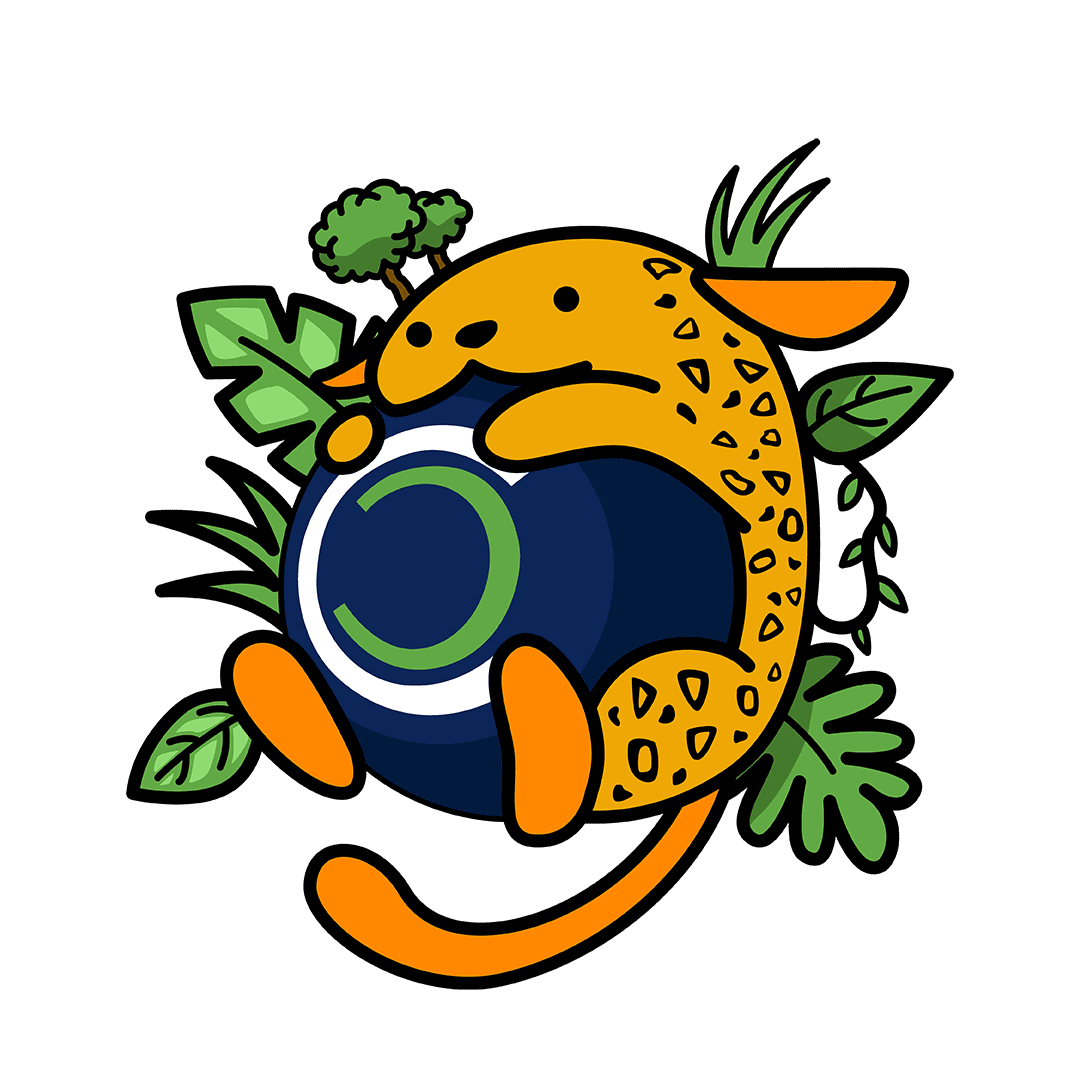 An orange, spotted animal hugs a large blue ball with a green and white circular design, surrounded by green leaves and a piece of broccoli.