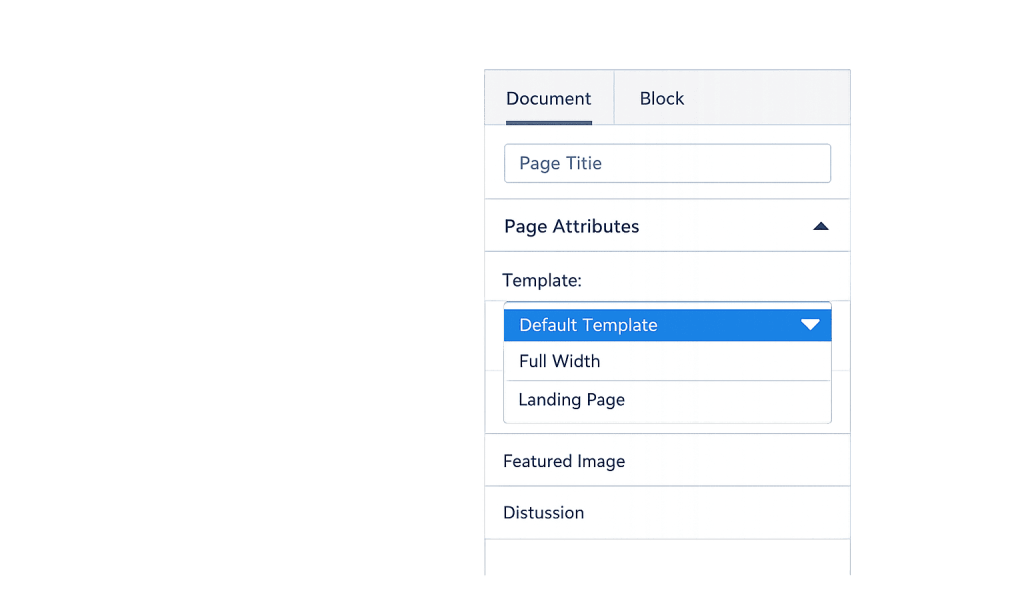 Screenshot of a website editor panel showing options for page title, Page Template with a dropdown menu set to Default Template, and sections for featured image and discussion.