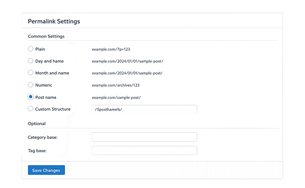 Screenshot of the Permalink Settings page highlighting options for URL structure, including Plain, Day and name, Month and name, Numeric, Post name (selected), and Custom Structure—essential for SEO. Fields for Category base and Tag base are also shown.