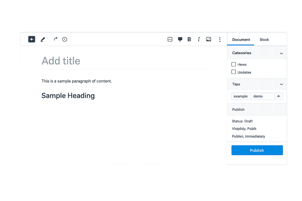 Screenshot of a WordPress post editor with options to add a title, heading, and paragraph. The right sidebar shows categories, tags, visibility, and publishing options including a blue “Publish” button.