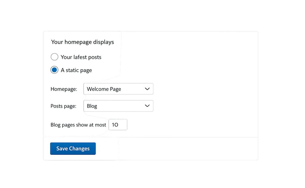 The WordPress Reading Settings screen displays options to set the homepage, with a static page selected—Welcome Page as the homepage and Blog for posts. At the bottom, a blue Save Changes button is visible.