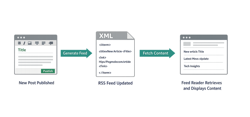A diagram showing three steps: a blog post is published, an RSS XML feed is updated, and a feed reader fetches and displays the new content. Arrows indicate the flow from publishing to feed update to content retrieval.