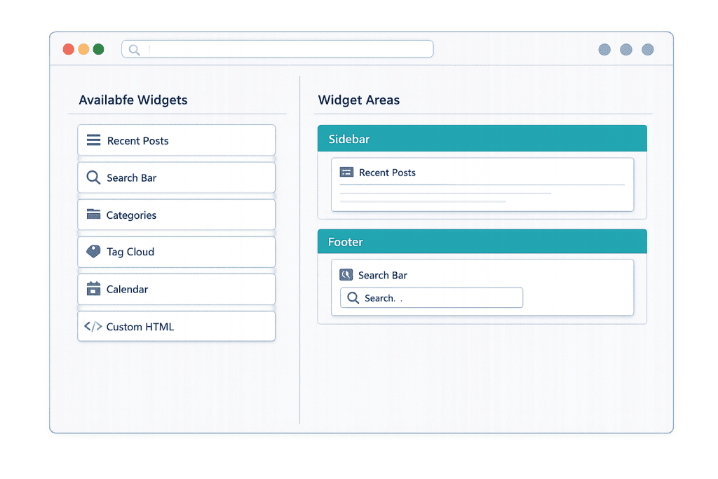 A website interface showing available widgets on the left, such as Recent Posts, Search Bar, Categories, Tag Cloud, Calendar, and Custom HTML, and widget areas on the right for Sidebar and Footer.