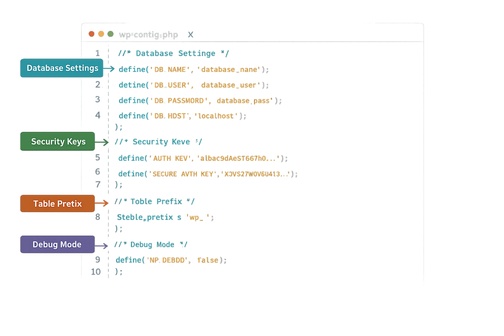 Screenshot of a wp-config.php file with color-coded labels: Database Settings, Security Keys, Table Prefix, and Debug Mode, each pointing to sections of WordPress configuration code that define essential WordPress settings.
