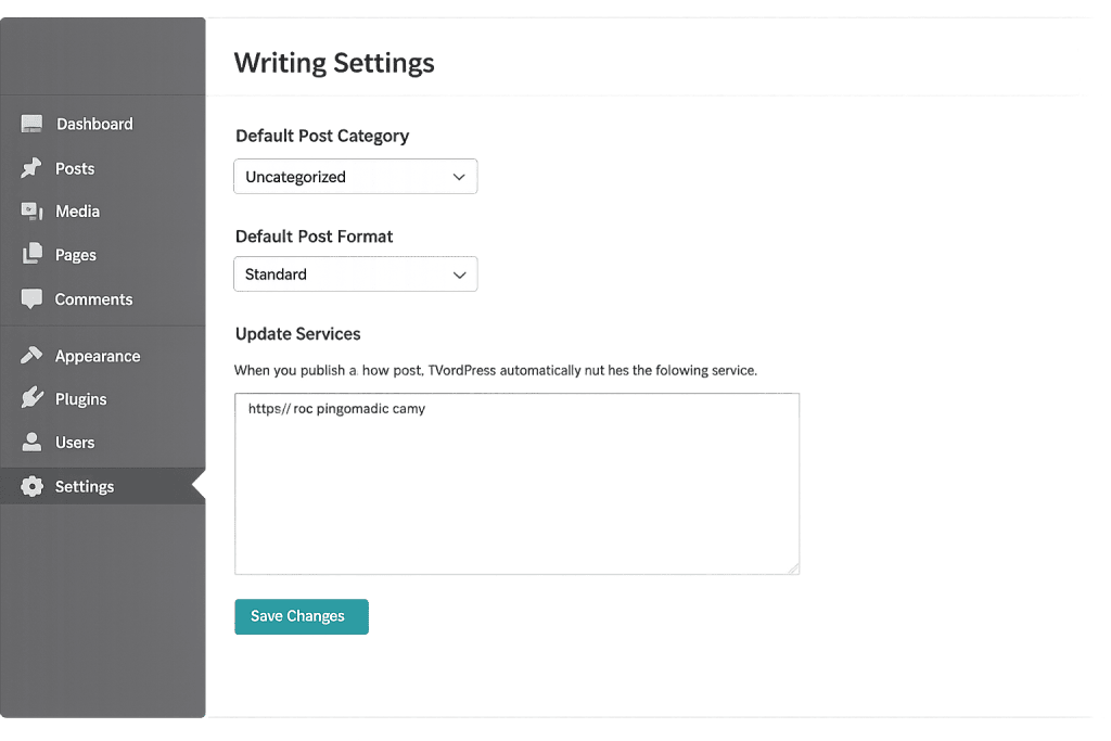 Screenshot of the WordPress Writing Settings page, displaying options for default post category, default post format, an update services URL box, and a Save Changes button at the bottom.