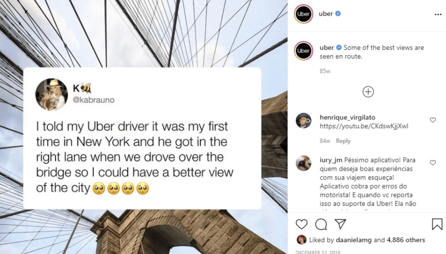 Text overlay on an image of a suspension bridge structure showcases a tweet about an Uber driver going above and beyond to fulfill a passenger's request for a city view. This winning example of customer service is as impressive as social media ads driving massive ROI.