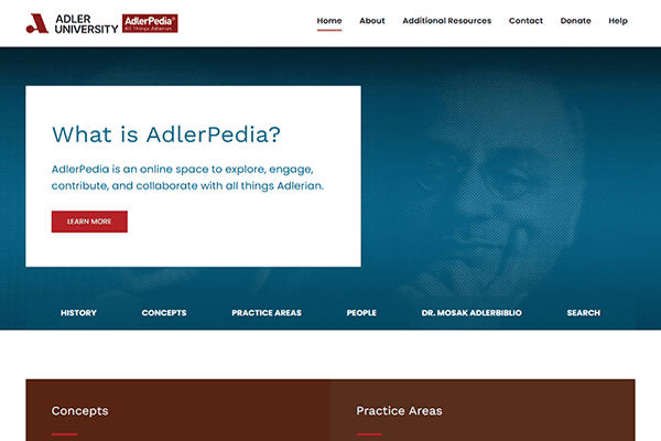 Screenshot of Adler Universitys AdlerPedia webpage. It features a headline, description, and navigation menu with options like History, Concepts, Practice Areas, People, and a faded image of a mans face in the background.