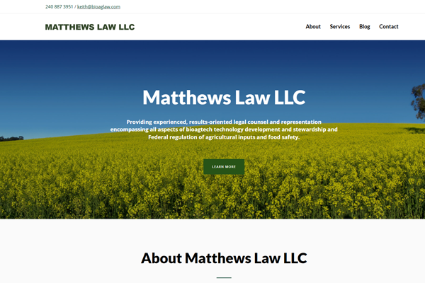 Screenshot of Matthews Law LLC website homepage, featuring a blue sky and yellow field background, the Matthews Law firm name and description, navigation links, and contact info at the top.