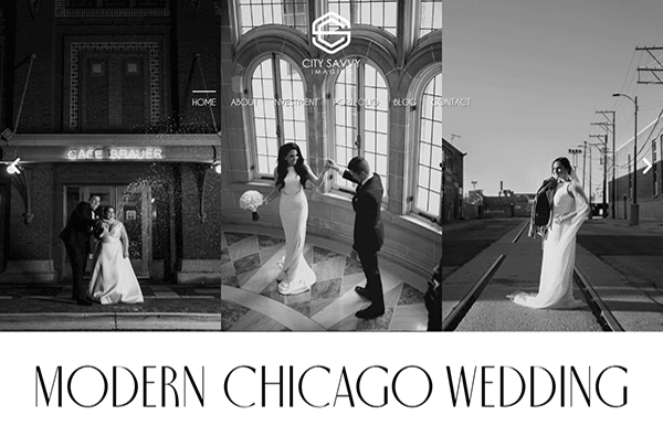 Three black-and-white wedding photos: a couple outside at night, dancing indoors by large windows, and walking on a sunny street. Text reads, Modern Chicago Wedding by City Savvy Imaging.