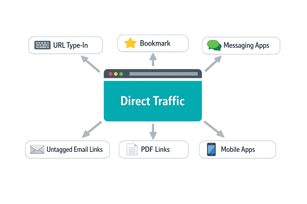 A diagram illustrating sources of Direct Website Traffic: URL Type-In, Bookmark, Messaging Apps, Untagged Email Links, PDF Links, and Mobile Apps—all pointing to a browser window labeled Direct Traffic.