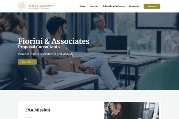 A website homepage for Fiorini and Associates Proposal Consultants, showing a header image of people in a meeting room, navigation links, and a button that says Learn More.