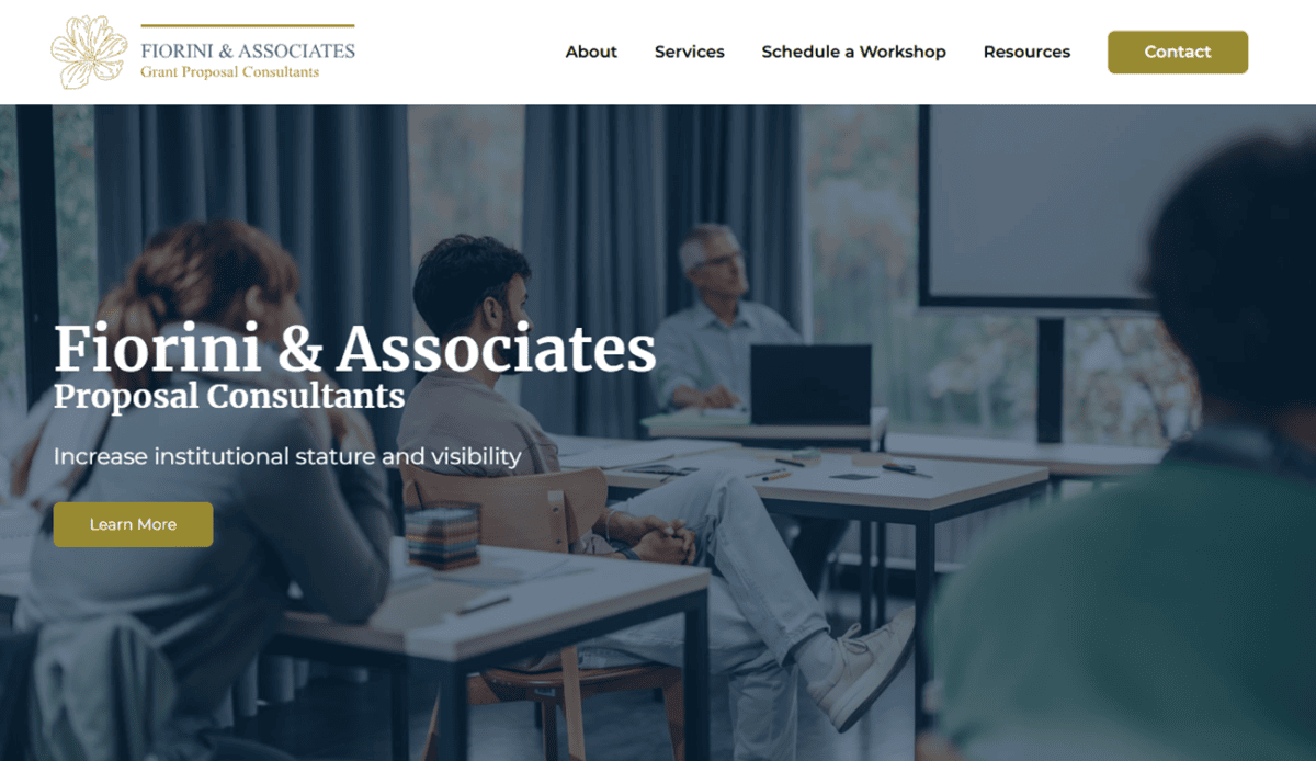 Screenshot of the Fiorini and Associates website homepage, featuring a header, mission statement, team photo, service offerings, contact information, and a Get Started Now call-to-action section.