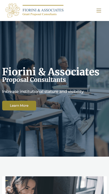 Frahm & Associates website homepage, reminiscent of Fiorini and Associates’ professional standard, displays a group meeting, mission statement, approach to business solutions, services offered, and contact information at the bottom.