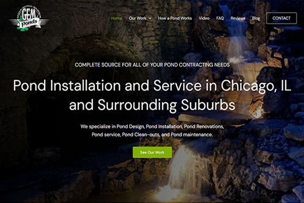 Website homepage for GCM Ponds, featuring a waterfall background and text about pond installation and services in Chicago and surrounding suburbs. A green See Our Work button is visible.