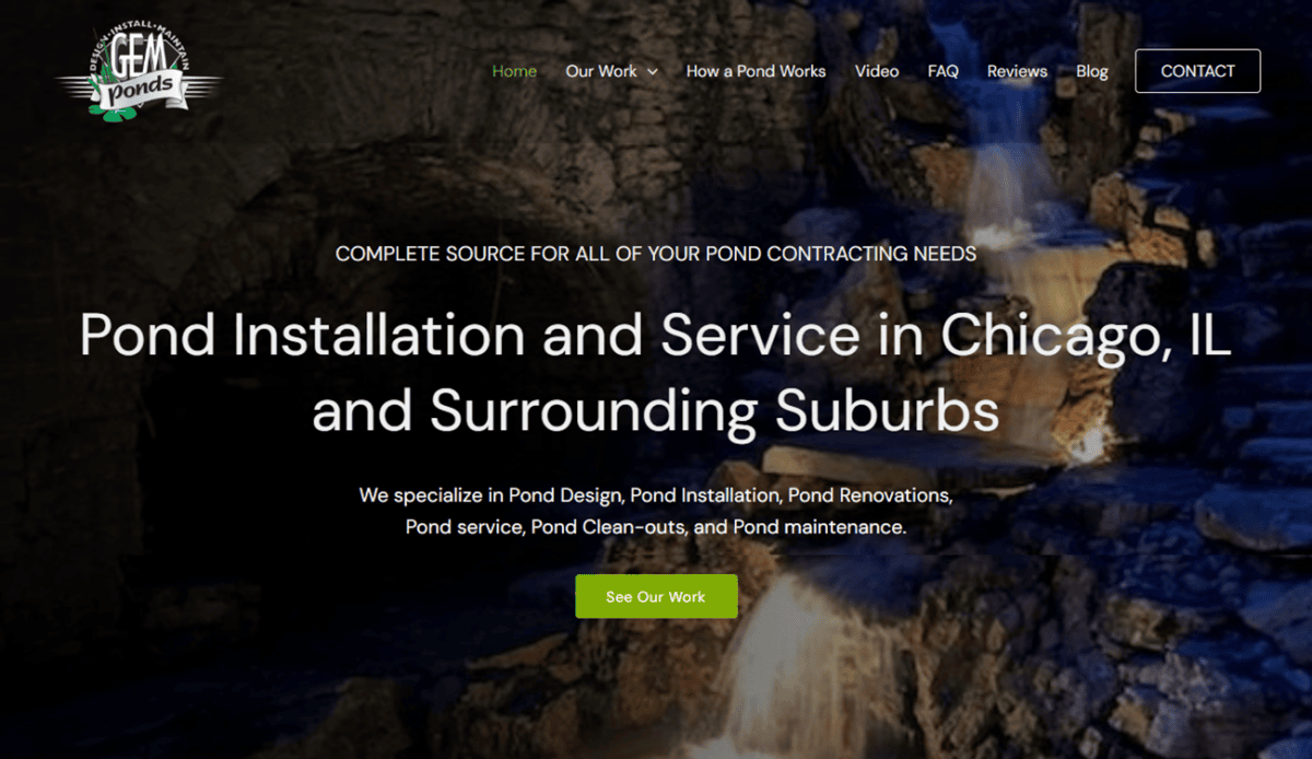 Screenshot of a website for a pond installation and service company in Chicago, IL. Includes services offered, a promotional video section, contact details, and a featured image of a pond.