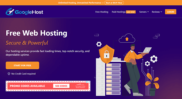 GoogieHost homepage offers free web hosting, including free WordPress hosting, with highlights such as fast loading, security, no credit card required, and a "Start for Free" button. Promo codes and login options are visible to enhance your SEO keywords strategy. .