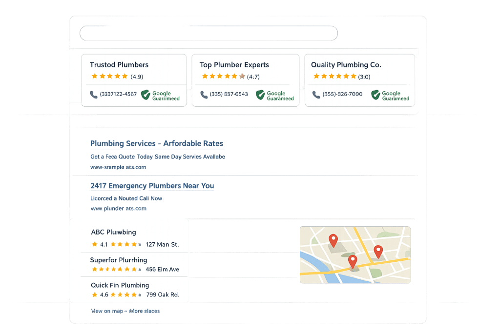 A search results page shows top-rated local plumbing services with contact info, Google ratings, and a map of plumber locations. Featuring Local Service Ads, company names, addresses, and star ratings are clearly displayed for easy comparison.