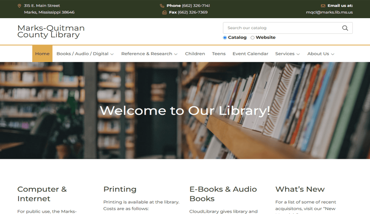 Screenshot of the Marks-Quitman County Library website homepage, showcasing a variety of sections dedicated to Quitman County residents, including information on computer use, printing, e-books, the library catalog, research databases, news, and hours of operation.