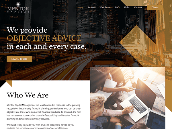 Website homepage for Mentor Capital, featuring a cityscape, the tagline "We provide objective advice in each and every case," and a "Learn More" button.