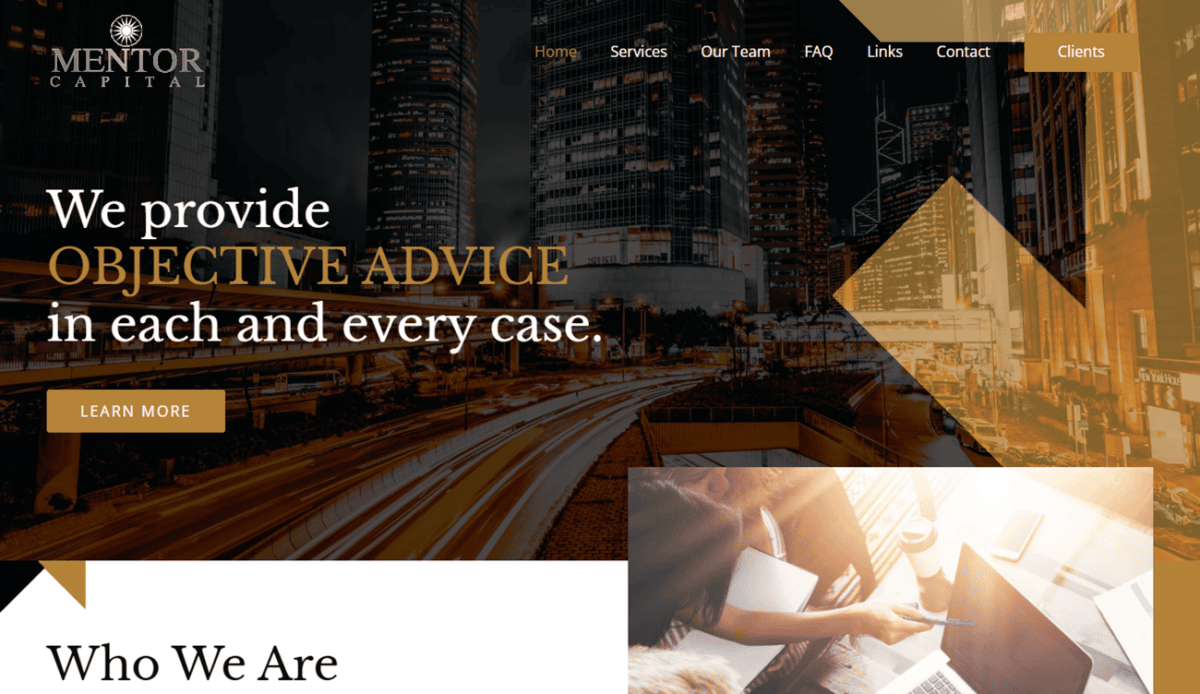 Financial services website featuring services like investment management and financial planning, with team member photos and contact information at the bottom.