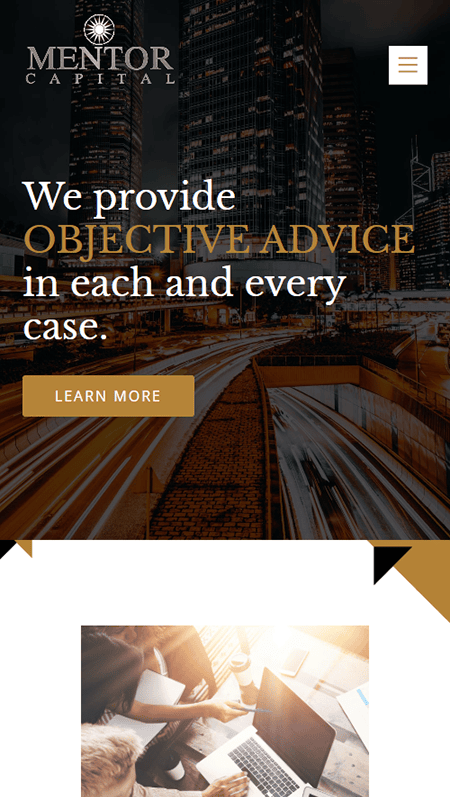 Webpage layout with cityscape header, "Who We Are" section, three advisory service options with icons, advisor photos with names, and footer with contact details and map.