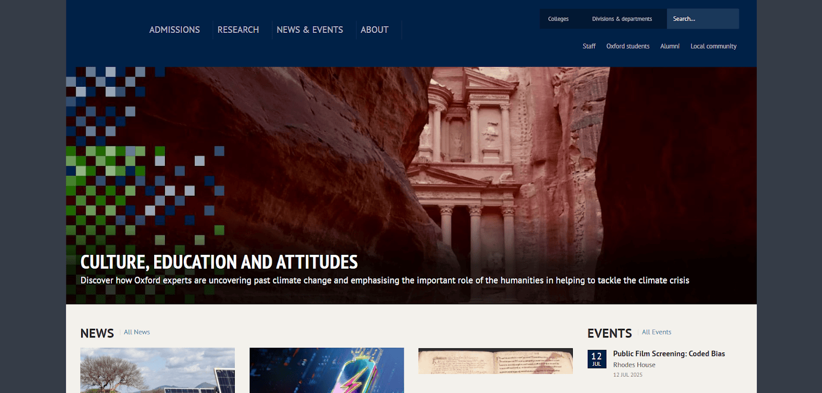 Screenshot of Oxford Universitys homepage featuring effective college website design: a navigation bar, a photo of ancient ruins, and the headline Culture, Education and Attitudes. News stories and events are displayed below the main image.