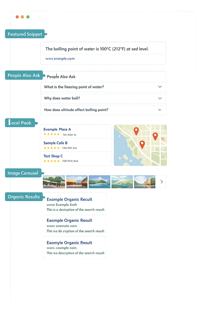 A mockup of a search engine results page highlighting key SERP features, including a featured snippet, “people also ask” questions, local map results, an image carousel, and sample organic listings with brief descriptions.
