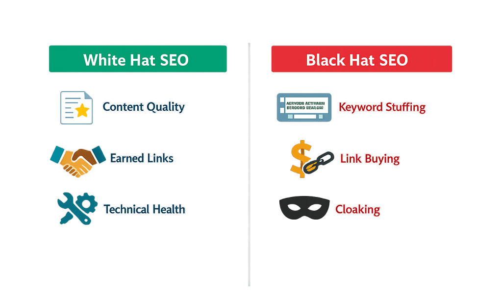 Infographic comparing White Hat SEO (content quality, earned links, technical health) with Black Hat SEO (keyword stuffing, link buying, cloaking), using icons and colored headers to highlight each White Hat SEO best practice and risky Black Hat tactic.
