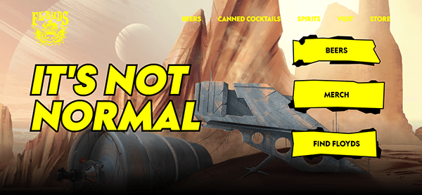 Futuristic desert landscape with rocky formations and a ship. Text overlay: "It's Not Normal." Navigate to discover the best brewery, shop merch, or find Floyds. Floyds logo at the top left ensures this isn't just any brewery website—it's legendary in Brewery SEO.