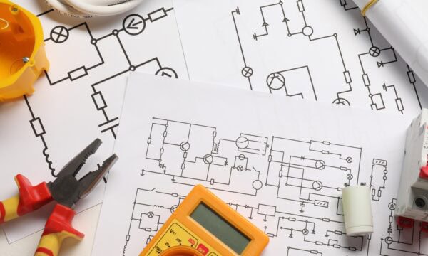 Electrical diagrams, pliers, a multimeter, and wiring are neatly arranged on the table—a quintessential setup for skilled electricians.
